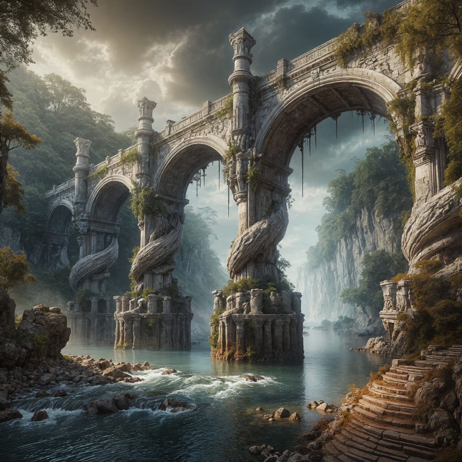 An ancient stone bridge over a deep river