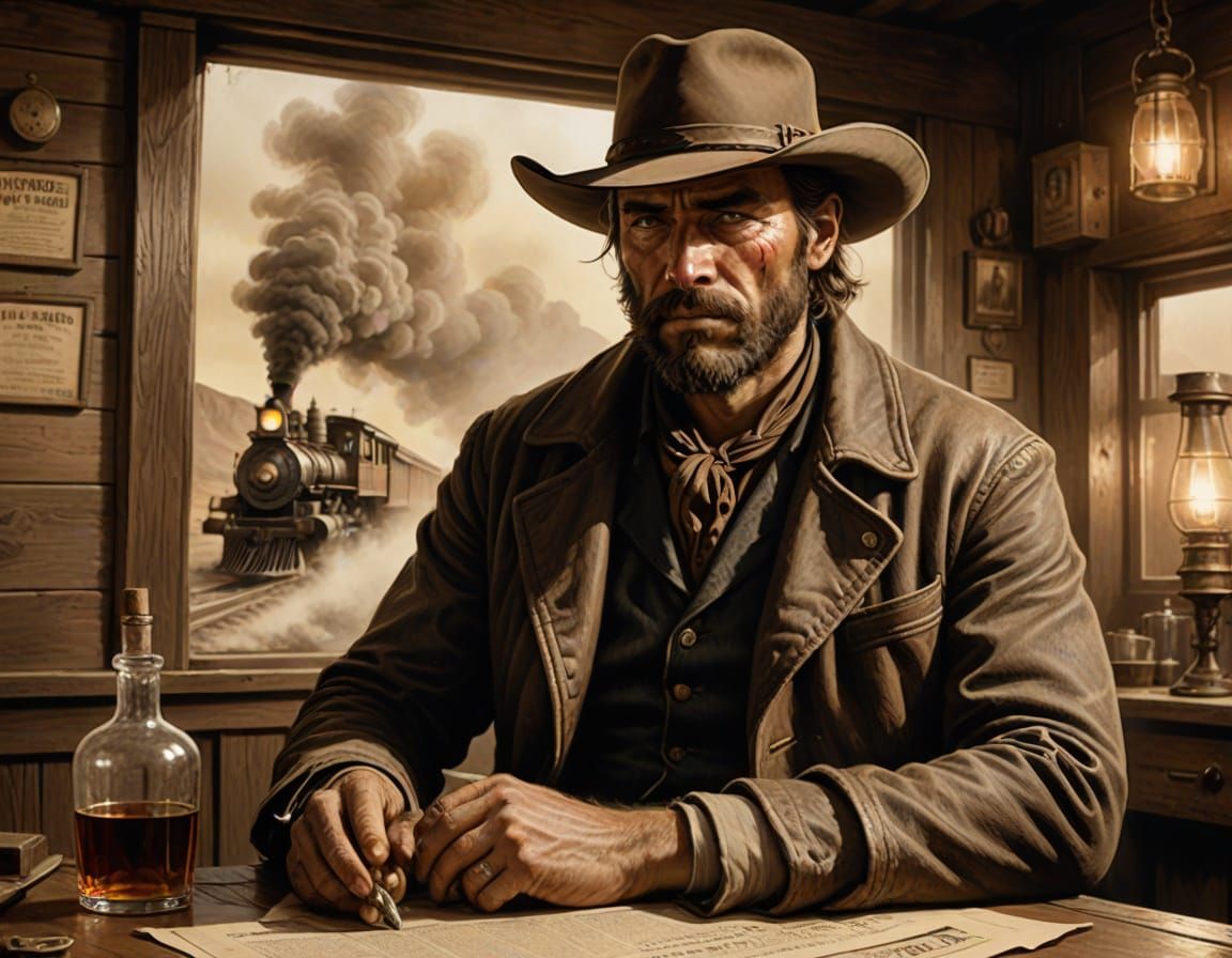 A hand-drawn vintage-style Western wanted poster illustration featuring the portrait of a rugged outlaw ...  by @Steve