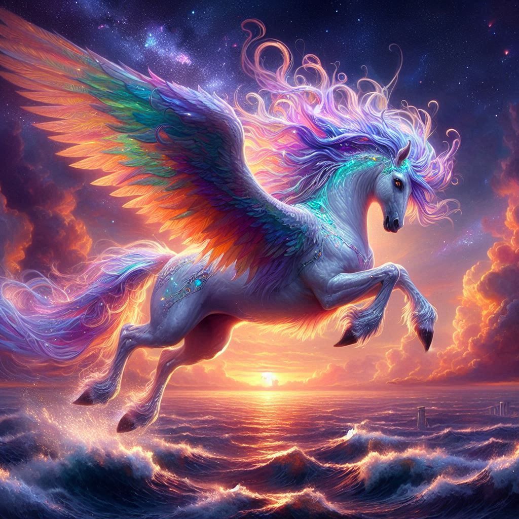 Iridescent Pegasus Soaring Over the Aegean