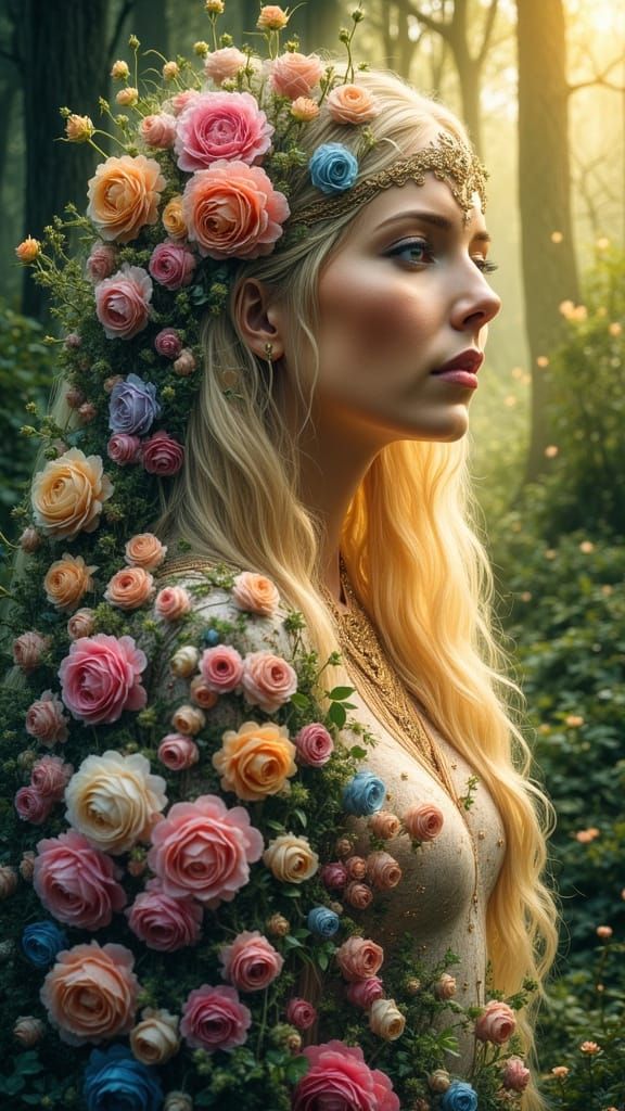 In a lush, enchanted garden bursting with vibrant roses in shades of pink, purple, red, orange, yellow, blue, black, and...