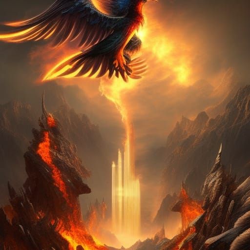 Phoenix ascending from its cave