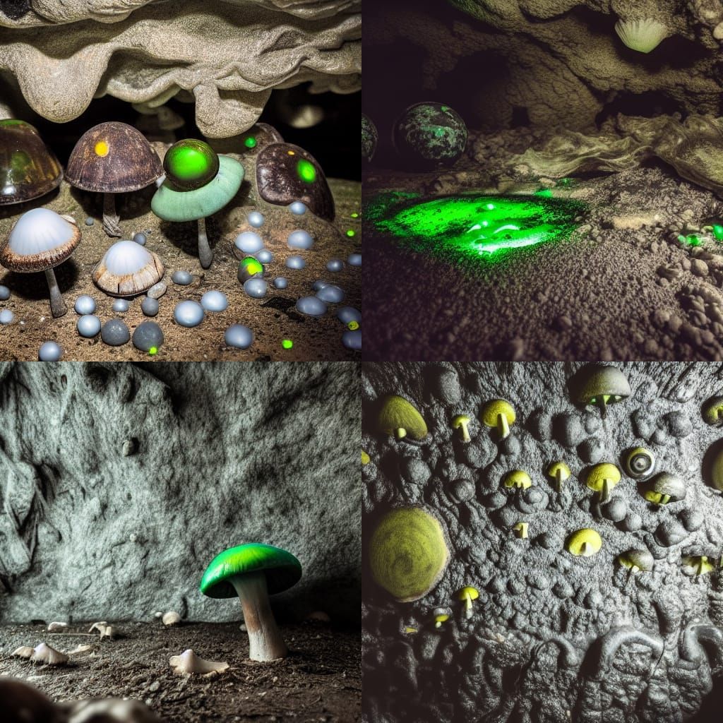 Cave floor, green luminescent giant mushrooms, debris, old s...
