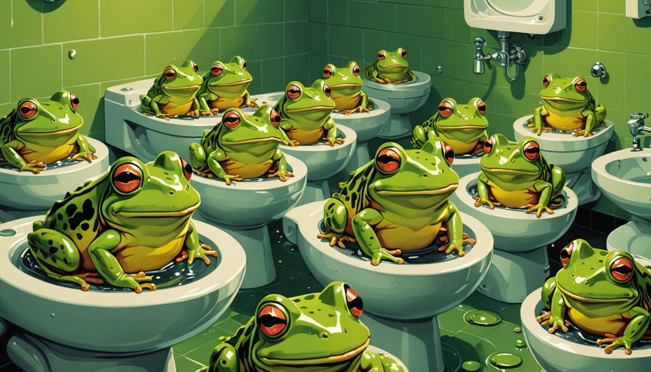 Bright Green Small Frogs in a toilet  by @ Ray Ray The Obsessive