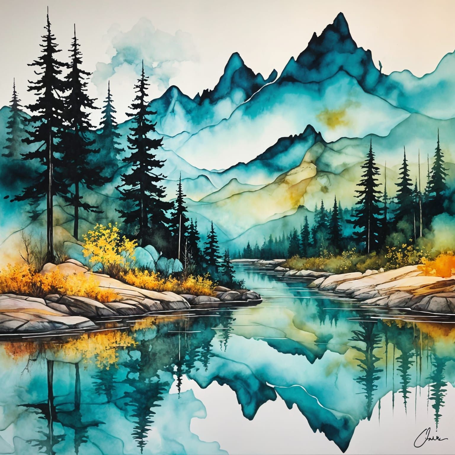  A beautiful, misty mountain range reflected in a calm river. Wildflowers bloom on the riverbank. Rendered with the fluid, vibrant, and tran...