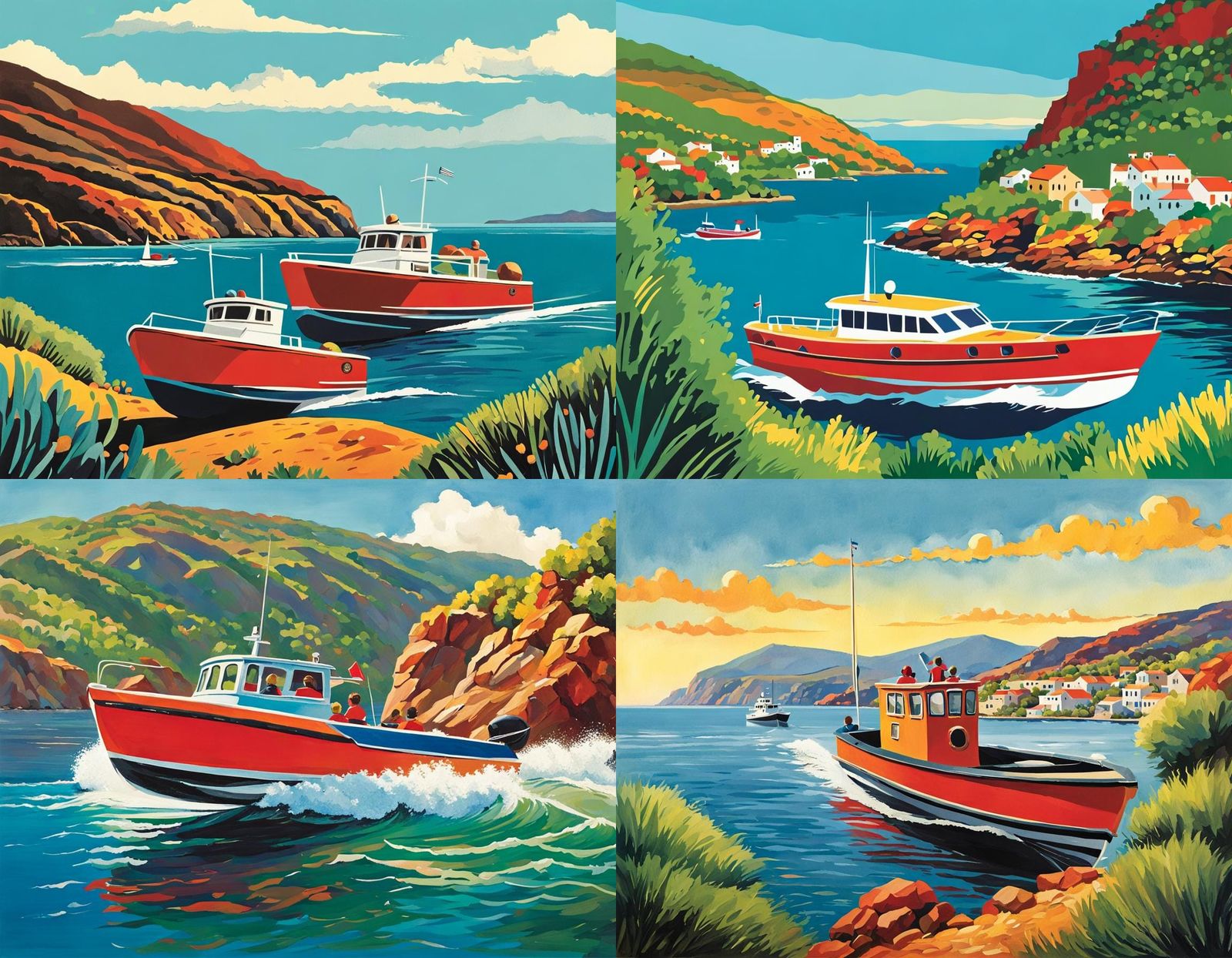Children's book illustration of a motorboat driving towards ...