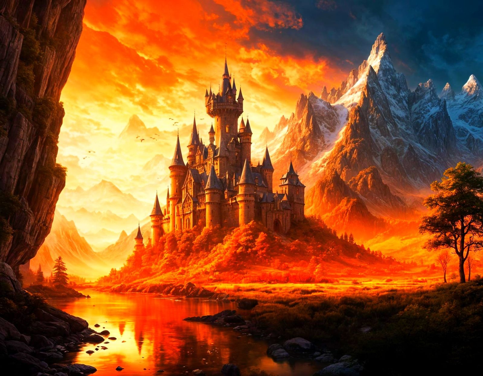 Majestic Crimson Landscape With A Grand Old House