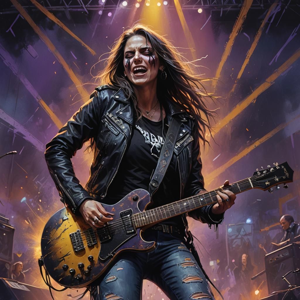 A woman plays guitar in a death metal band at a concert