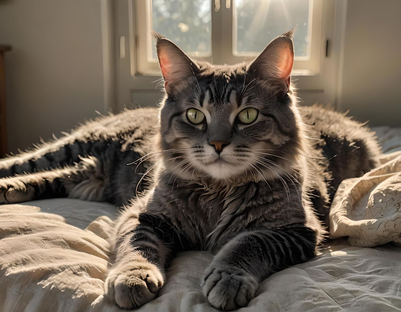 A graybie cat lying on the bed in a beam of sunlight  by @Secoura