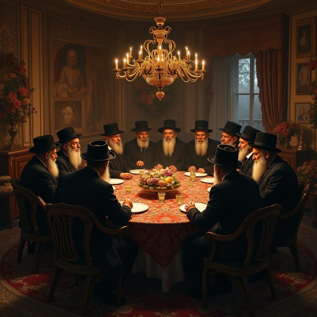 Traditional Men's Gathering in Ornate Hasidic Setting