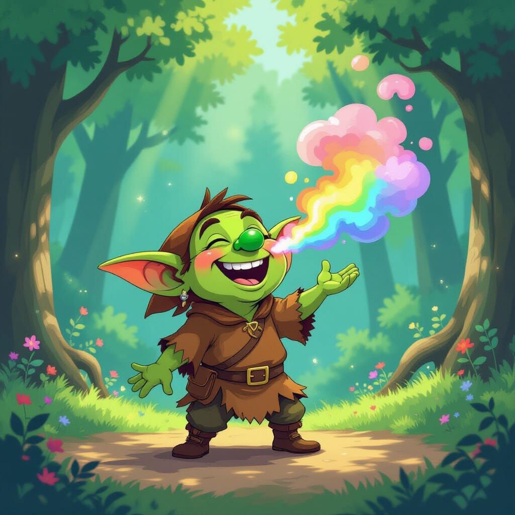 Mischievous Goblin Farting Rainbow Smoke in Enchanted Forest