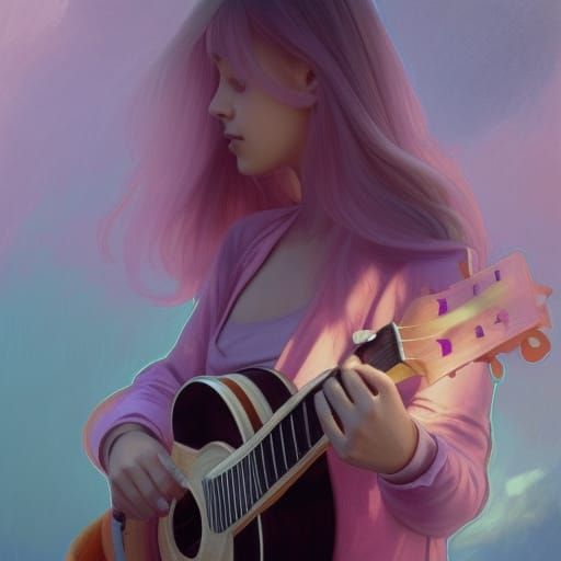 A purple cute girl is playing the ukulele in the train stati...