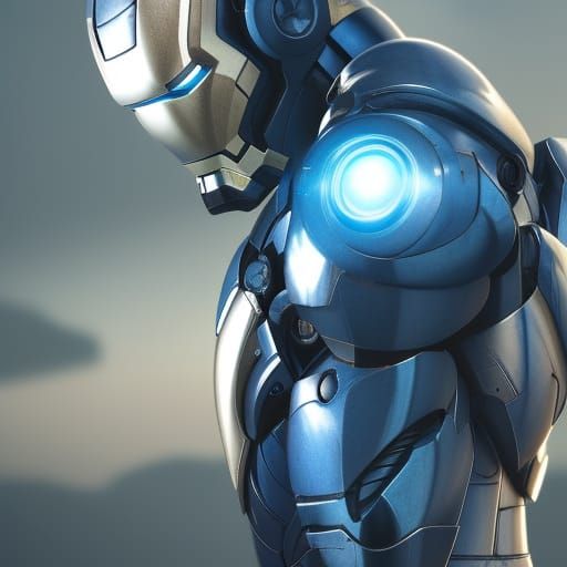 Blue and Silver Iron Man suit cool realistic filmic lighting detailed