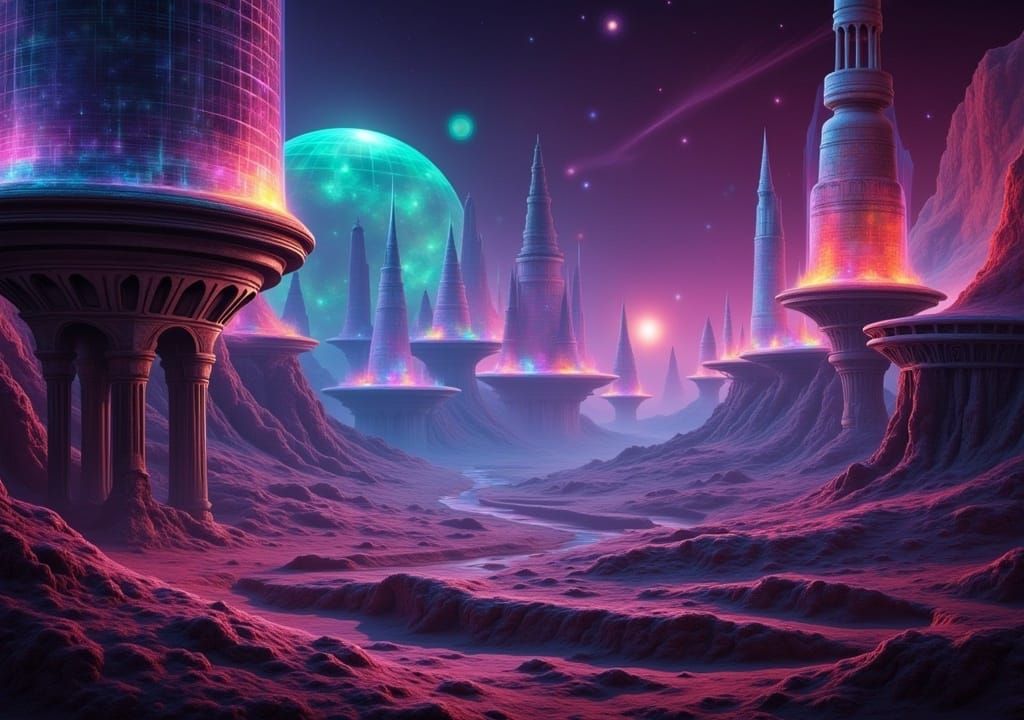 neon space retro postcard, cyberpunk structures, galactic desert, intricate landscape, <lora:Holo Flux:0.9>