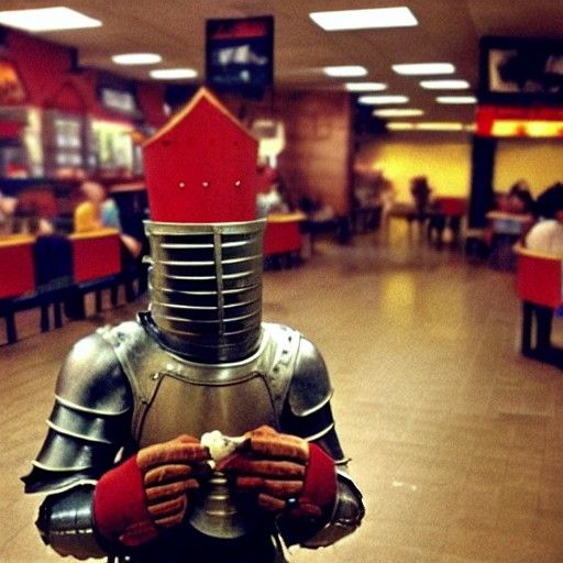An medieval knight in KFC, photographed on a disposable came...