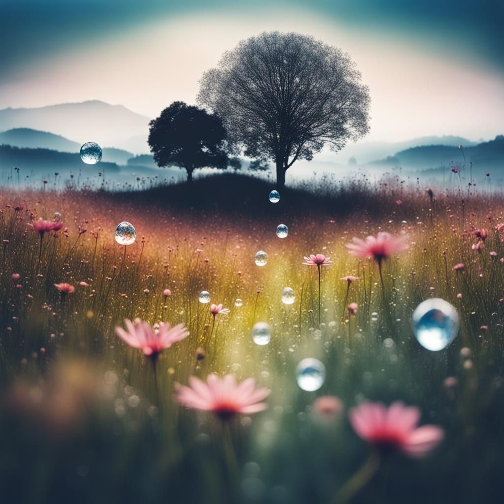 Water droplet Diarama of Beautiful flower meadow silhouette double exposure landscape portrait  by @Zaniwi
