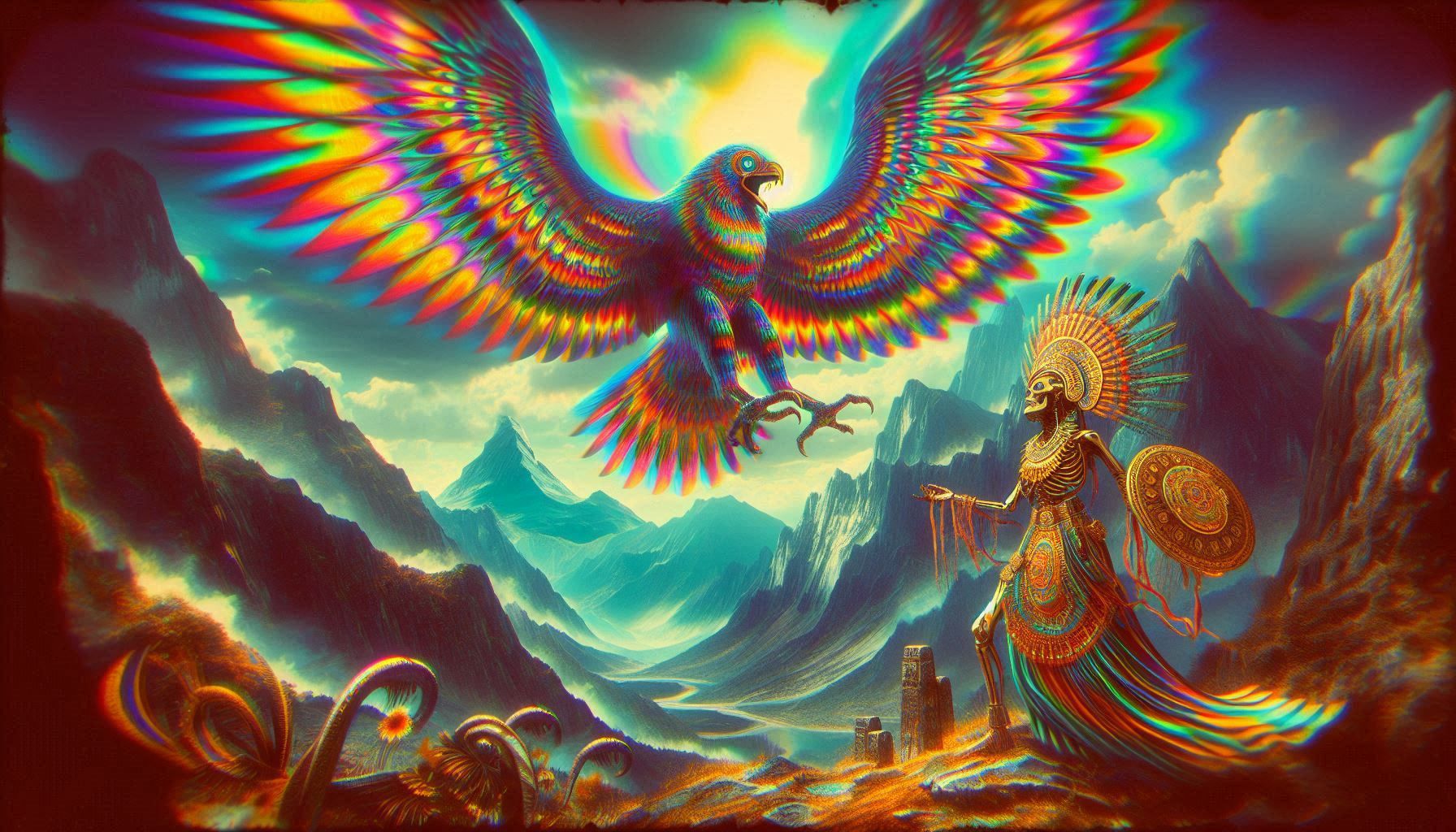 surreal distorted anamorphic lens effect, oblique angle, spin blur. psychedelic tinted historical daguerreotype rendered into dayglo hologra...