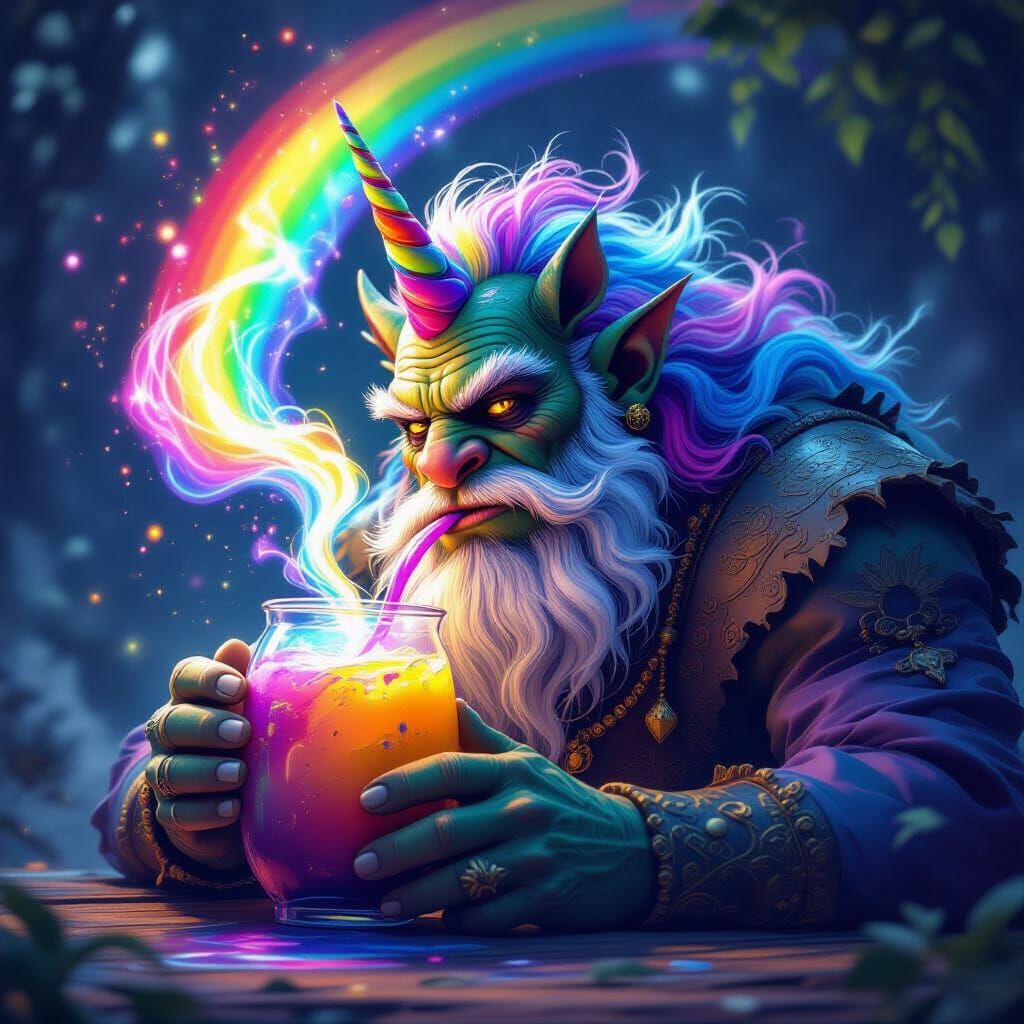 a strange rainbow swirling potion is drank and turns an ogre into a unicorn with a rainbow mane 
