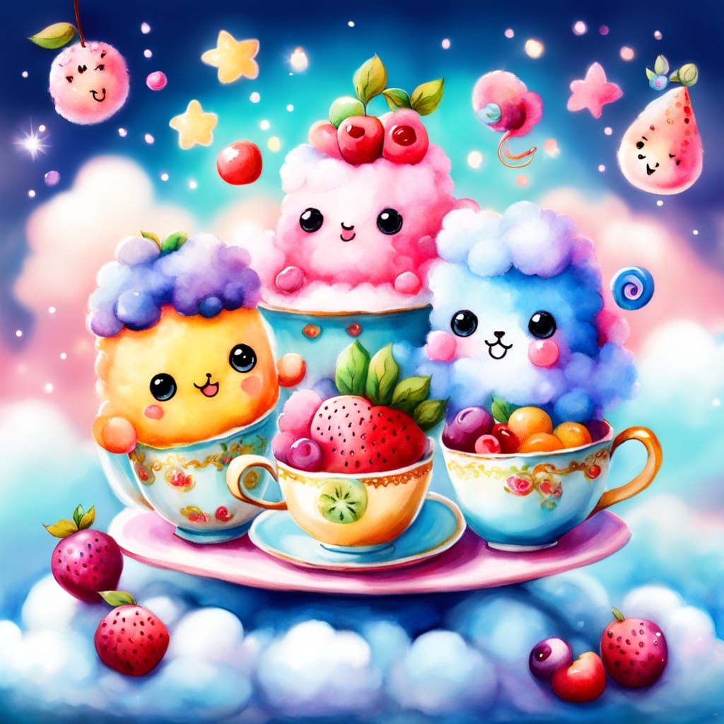 “A super cute kawaii scene with joyful fruit characters having a tea party on a fluffy pink cloud. Each ...  by @rudncats