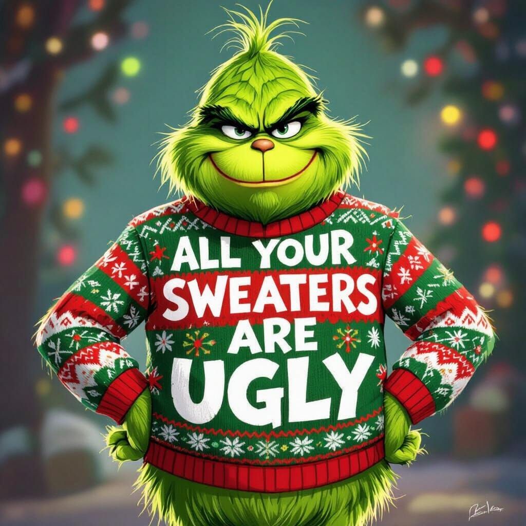 The green grinch wears an ugly Christmas sweater that has the caption on the front, ALL YOUR SWEATERS ...  by @Queen Coleen
