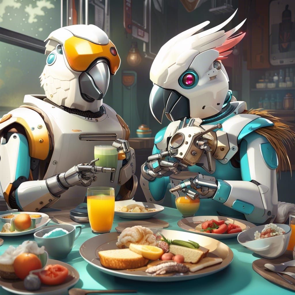 Cockatoo robot couple having breakfast  by @Cary York