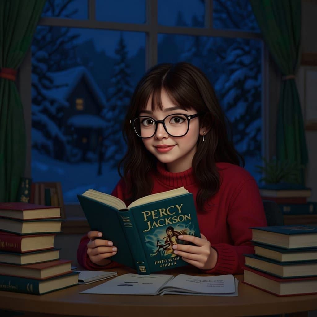 a twelve year old girl with tan skin and dark brown hair just past her shoulders. make her be reading a Percy Jackson and the Olympians book...