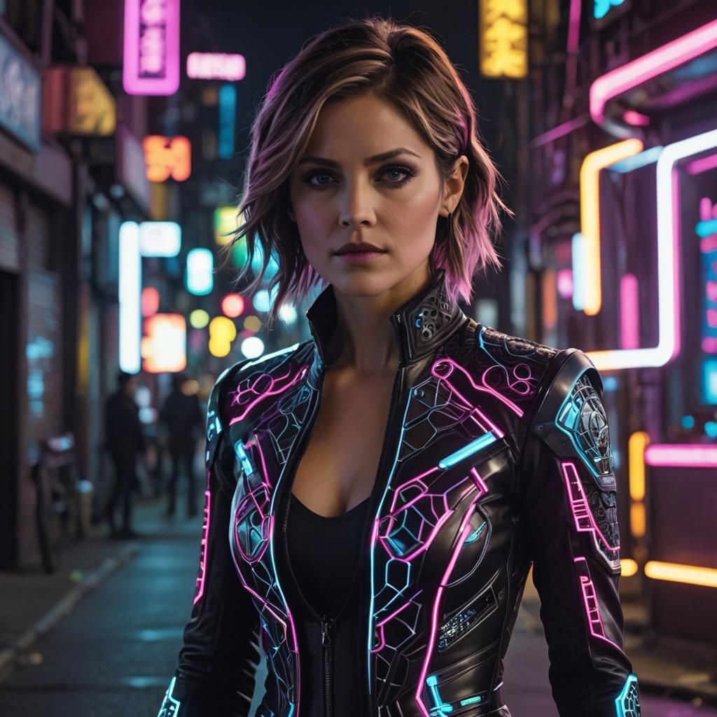 Goth Woman in a Neon Cyberpunk Street