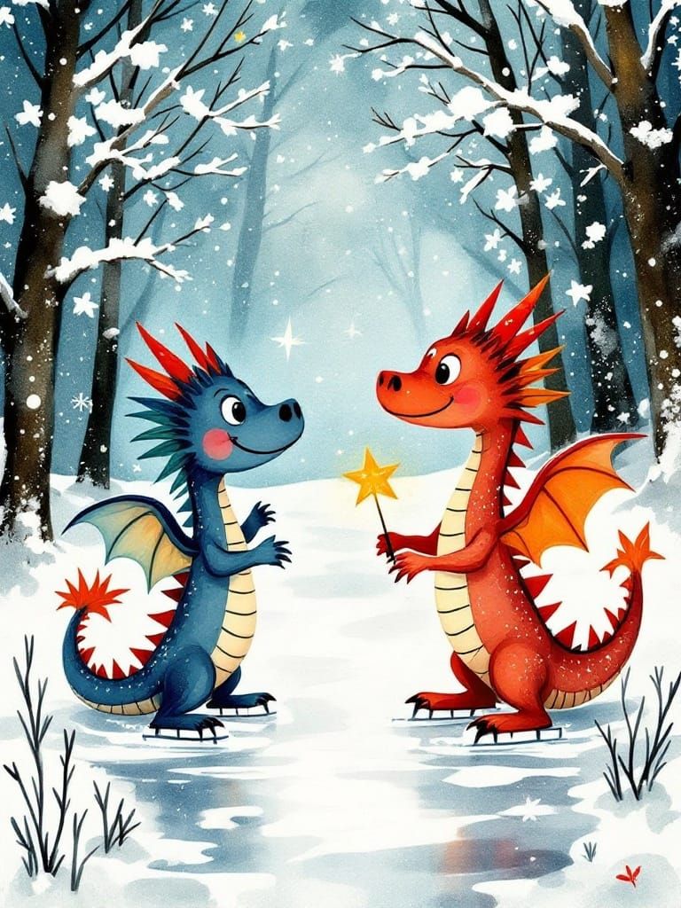 Magical Dragons Ice Skate in Whimsical Folk Art Scene