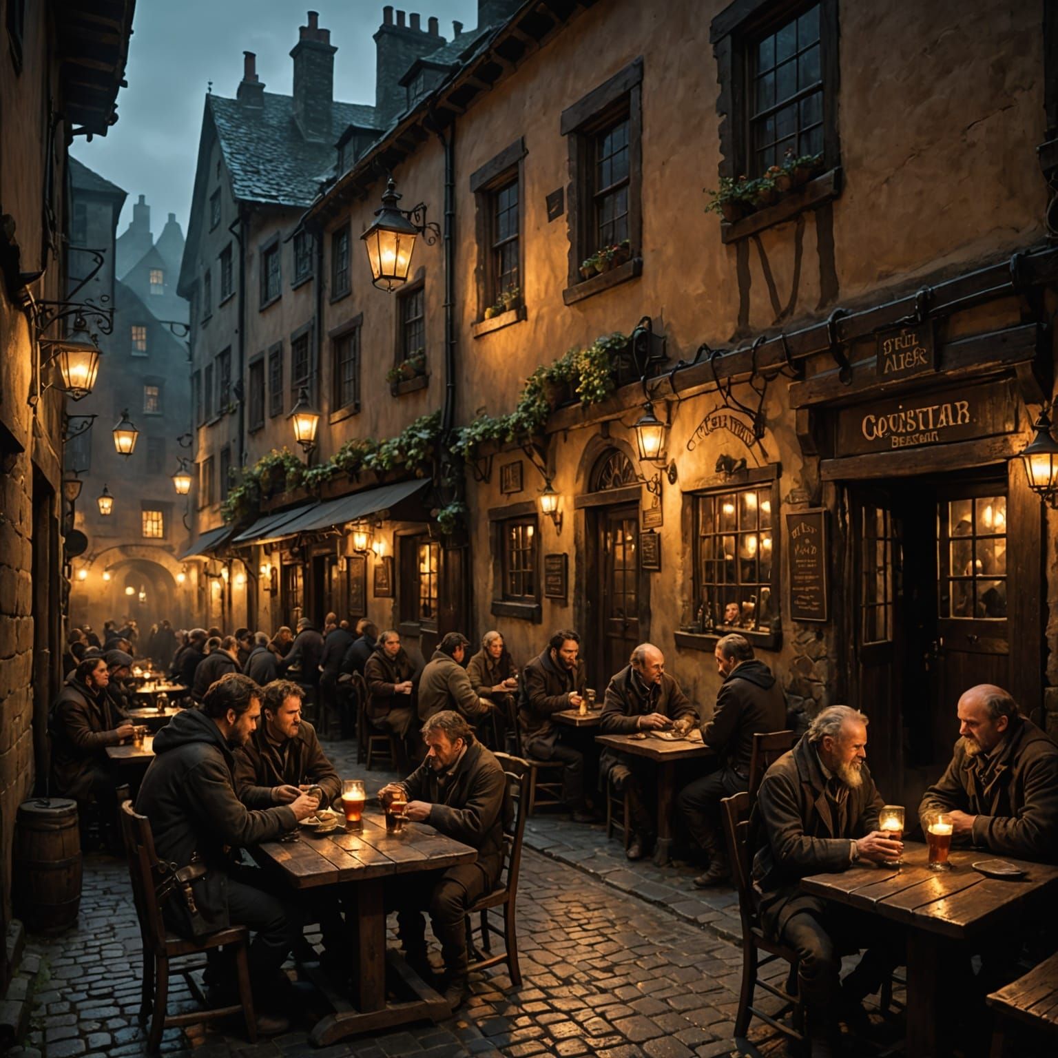 A cozy, dimly lit tavern interior, filled with boisterous adventurers and weary travelers sharing tales ...  by @Jose