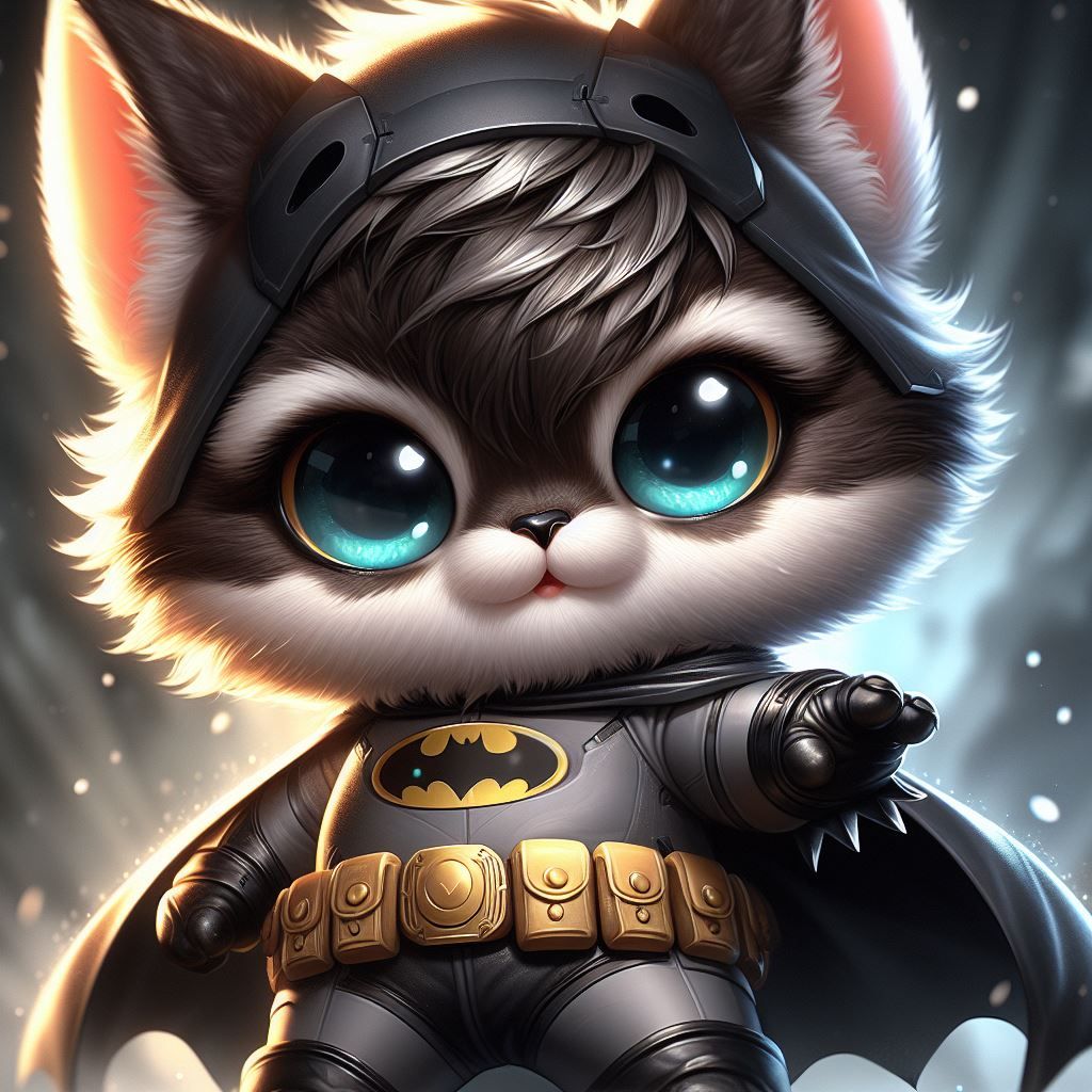 Chibi adorable anthropomorphic furry cat wearing Batman costume