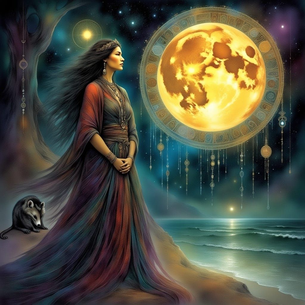 <lora:Archetypal Images:1.0> A woman and an opossum in front of a large ornate detailed moon with halos and runes