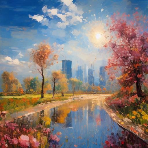 <lora:ImpressCitySD15:1.3> Village trees flowers lake people street, sunny day sun clouds 