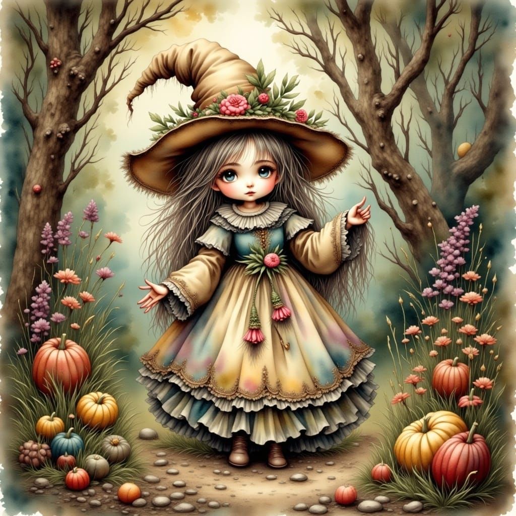 <lora:Antique Watercolor 2:1.0> cute adorable little antique witch in a magical forest gritty grunge antique watercolor style with a touch...