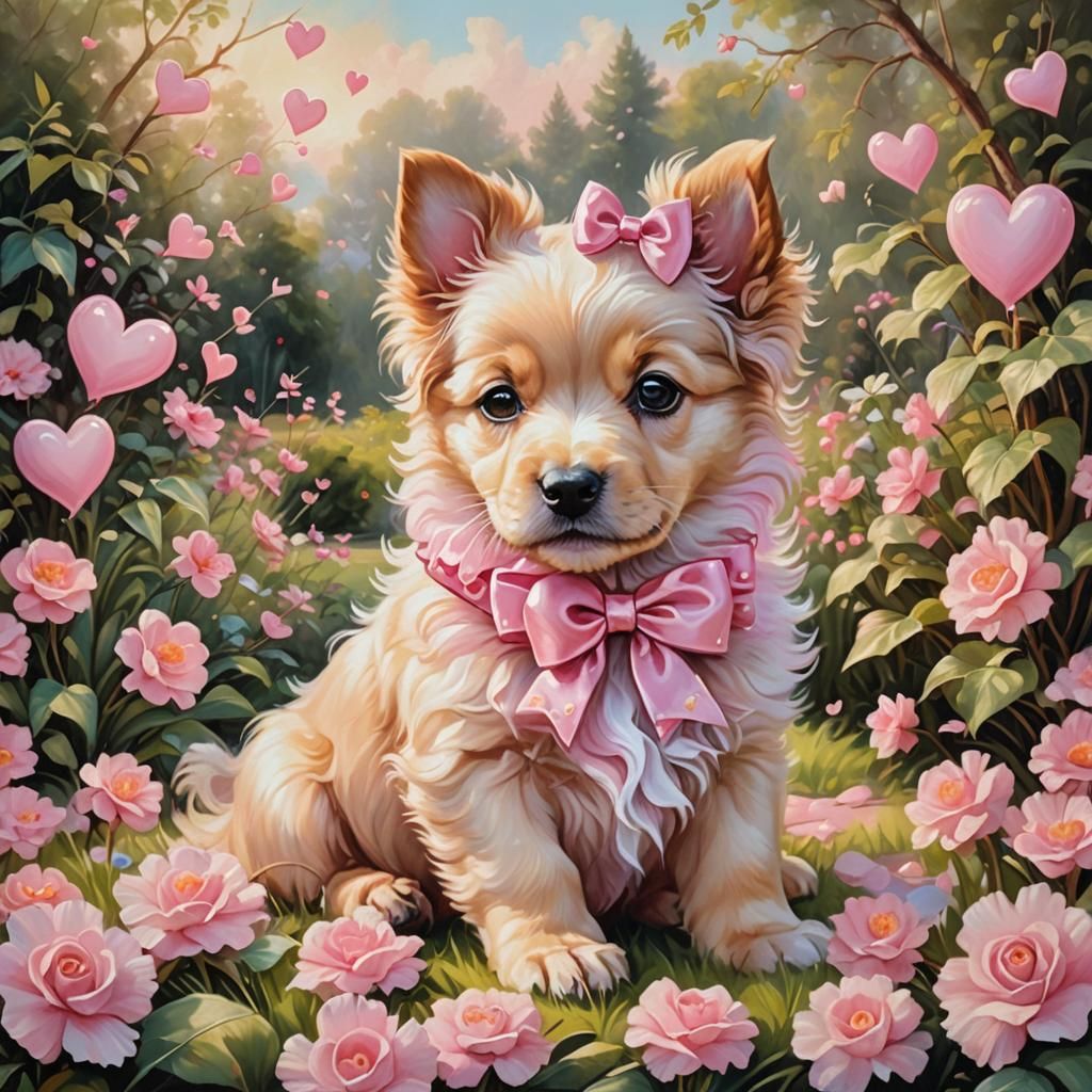 a perfect composition of a pink baby puppy, a pink bow arrou...