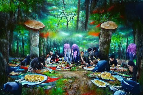 A communal meal in the forest, sharing nature's blessings. d...
