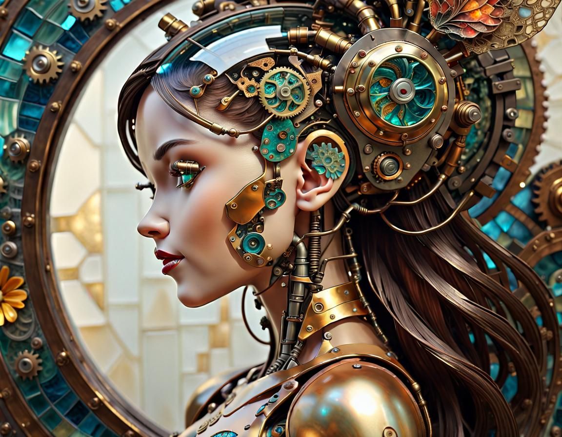 Embossed,  side view of a steampunk  female robot with visib...