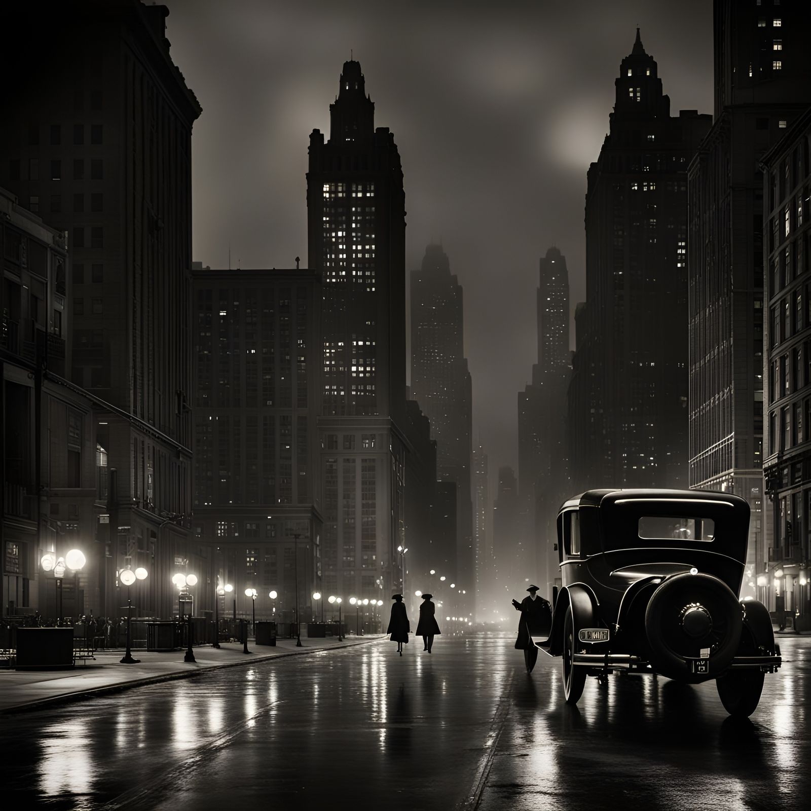 1920s Chicago cityscape, style of noir film  by @viisipuu