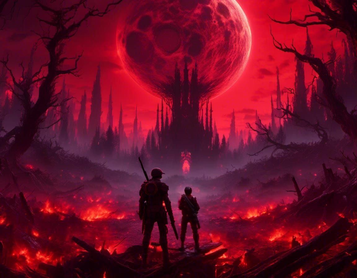 <lora:Unreal:1.0> A single soldier stands in front of a giant blood moon with a burning forest to either side