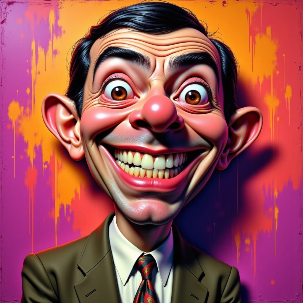 Mr. Bean with exaggerated facial features, a comically large grin, and an amusingly furrowed brow, set against a vibrant and intricately tex...