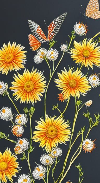 colorful, wildflowers and butterflies on pale black paper, v...