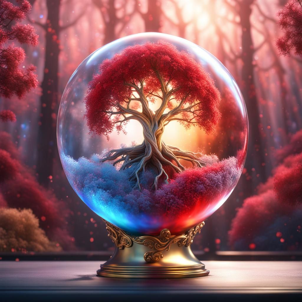 blossom ice gold tree  in a star glass orb magical red blue ...