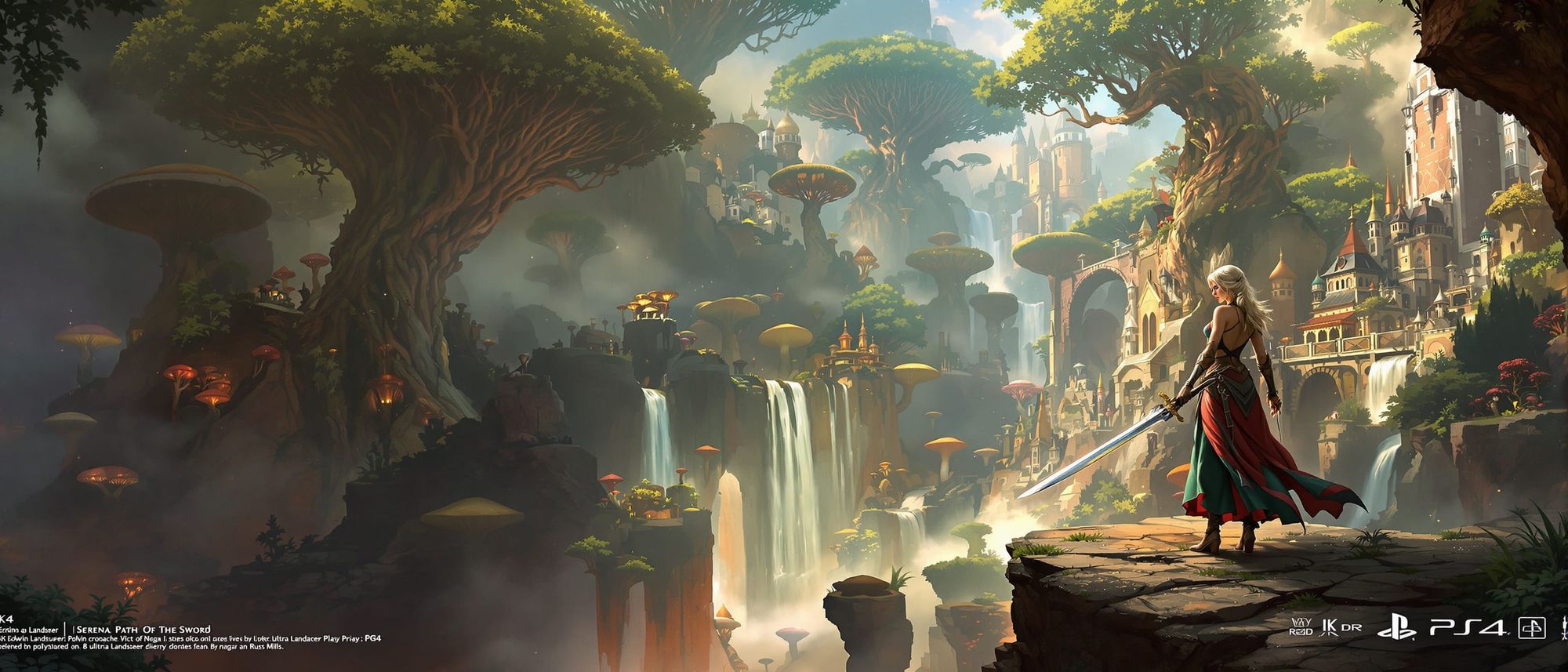 Shiny PS4 Game banner at the top of a PS4 game cover, depicting of a beautiful woman holding a sword, standing on a cliff atop a dramatic fa...