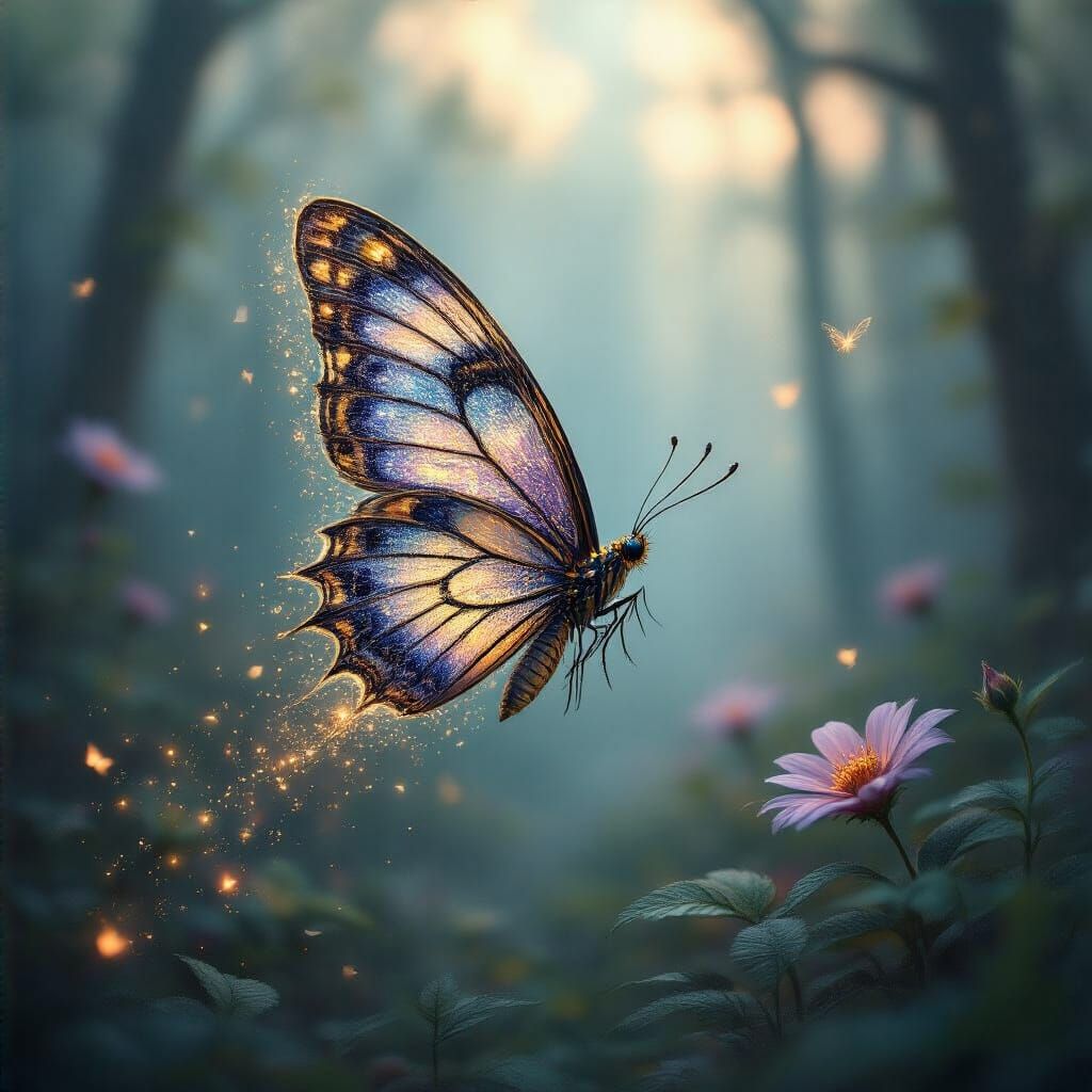 Luminous Butterfly Drifting Through Ethereal Forest