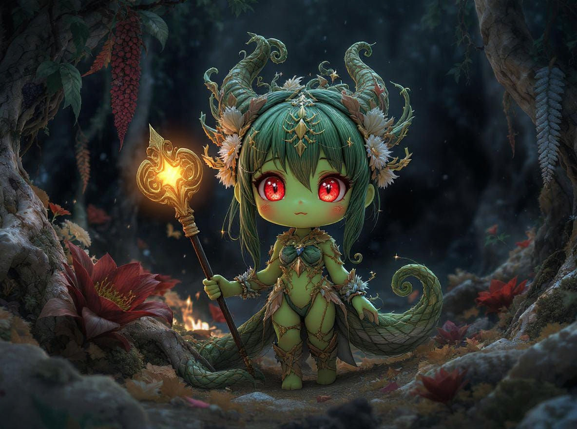Chibi Plant Girl in Mystical Forest, Detailed CG Art