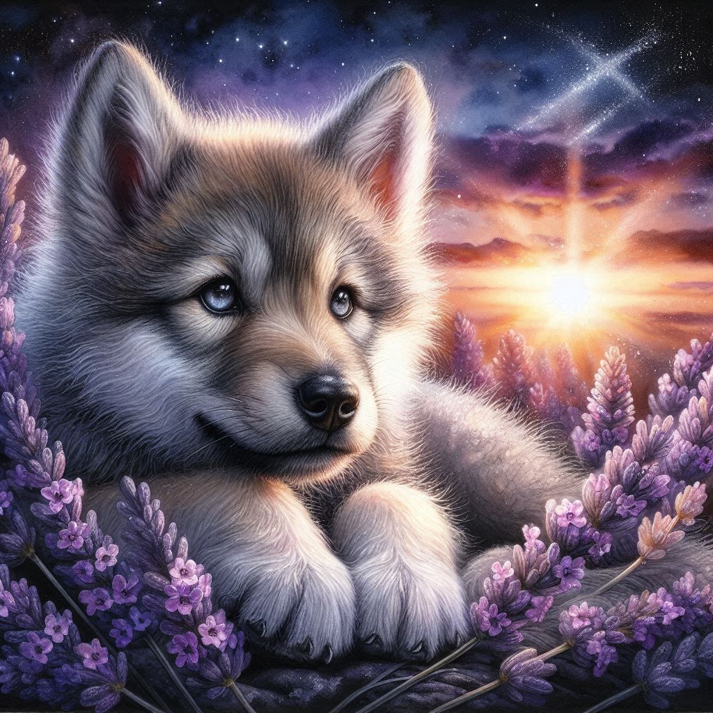 Wolf Puppy Lavender Flowers