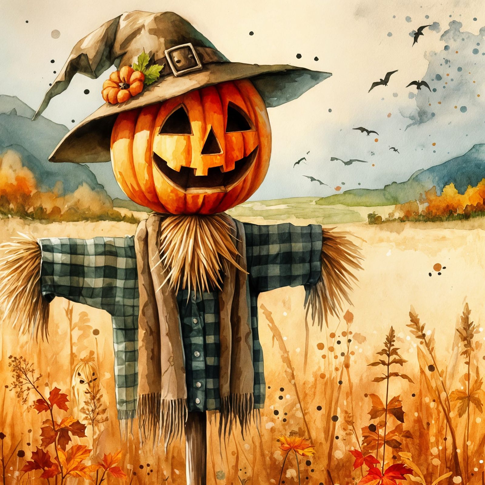 It's autumn time, there is a scarecrow with a pumpkin head standing on the field