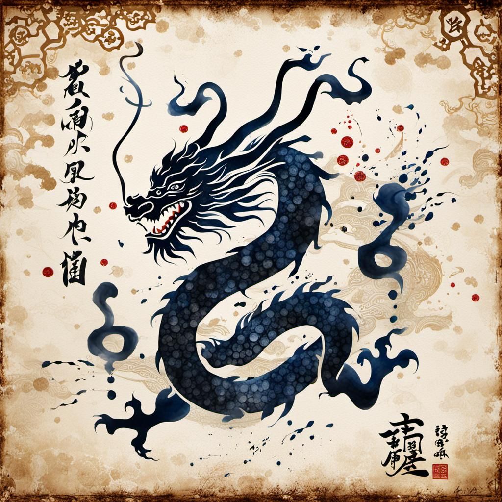 Ink Wash Dragon with Calligraphy