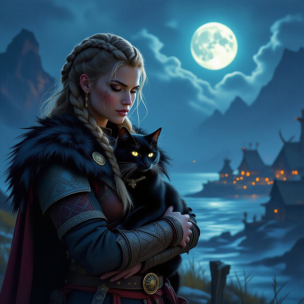 Eivor al femminile,con gatto 🐱 in braccio,scena game Assassin's Creed 