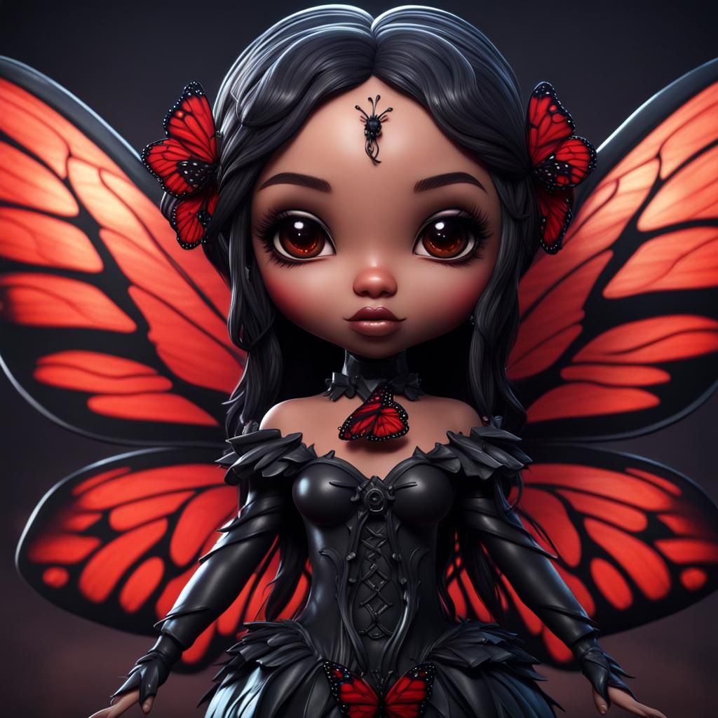 Chibi black Gothic Fairy with black and red monarch butterfl...