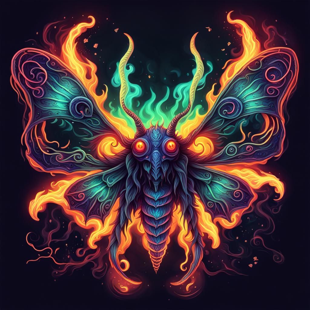 Glowing Neon Horror Fading Beautiful Eldritch Melancholy Demonic Moth Flames  by @Dusky_Mind