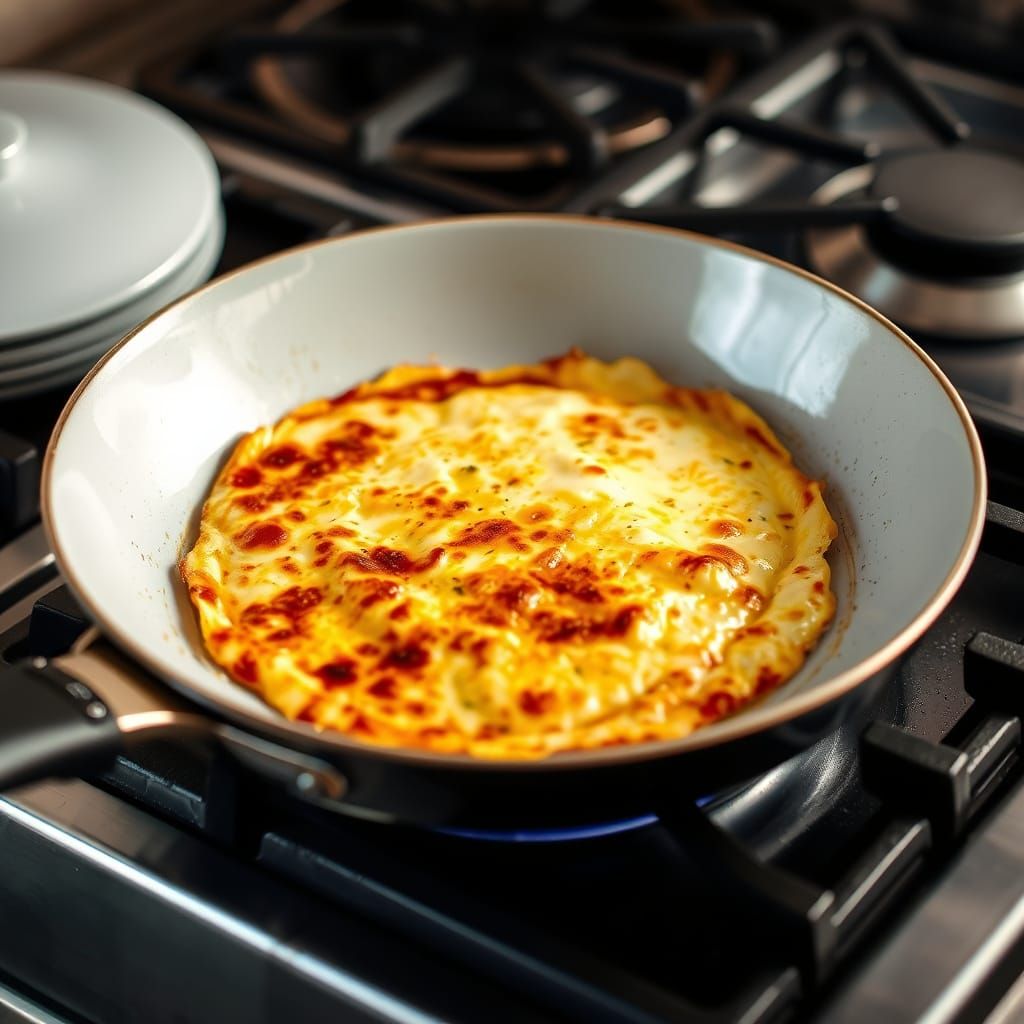 Frying Pan With Uncooked Omelette On Stove